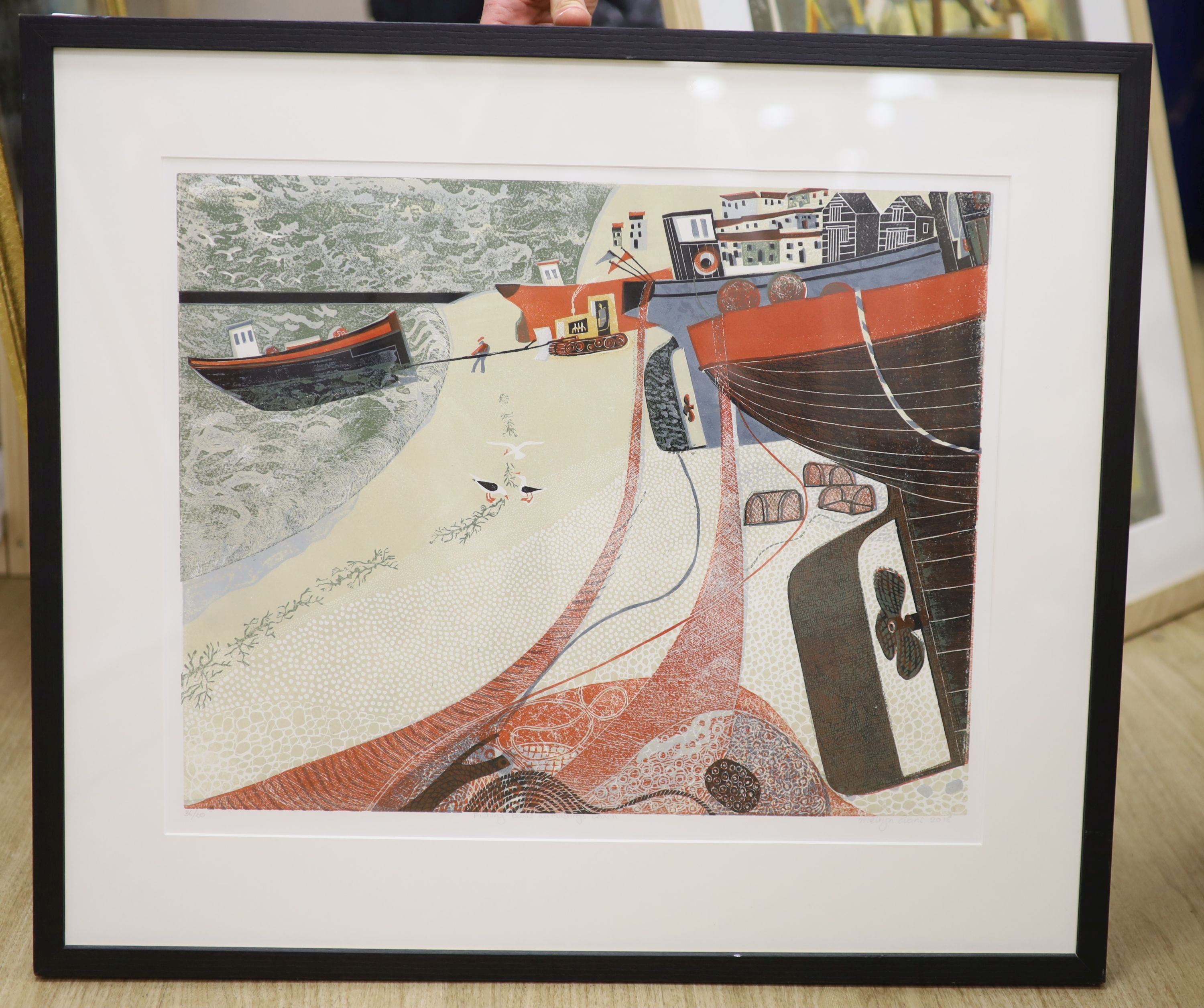 Melvyn Evans (British Contemporary), linocut, 'Fishing Boats on Hastings Beach', 40 x 50cm